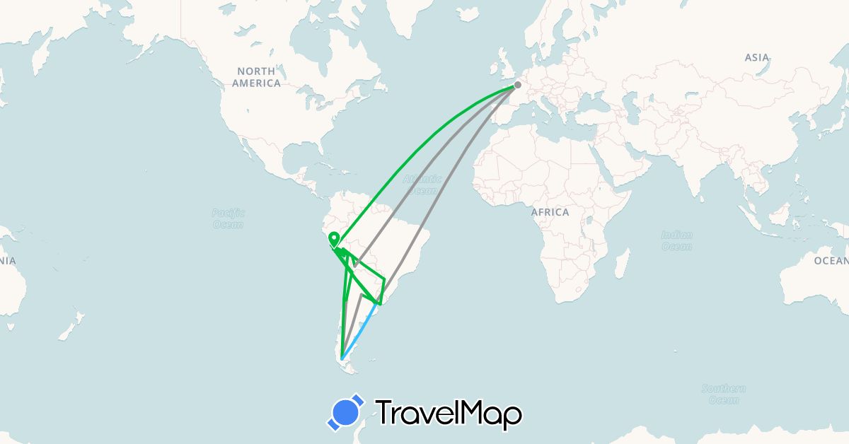 TravelMap itinerary: driving, bus, plane, boat in Argentina, Bolivia, Chile, France, Peru, Uruguay (Europe, South America)